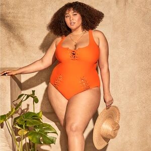 Orange Lace-Up One-Piece Swimsuit